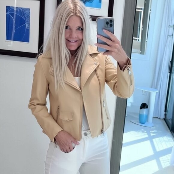 NWT $98 ANTHROPOLOGIE The Saige faux-leather moto jacket sand XS - Picture 2 of 7